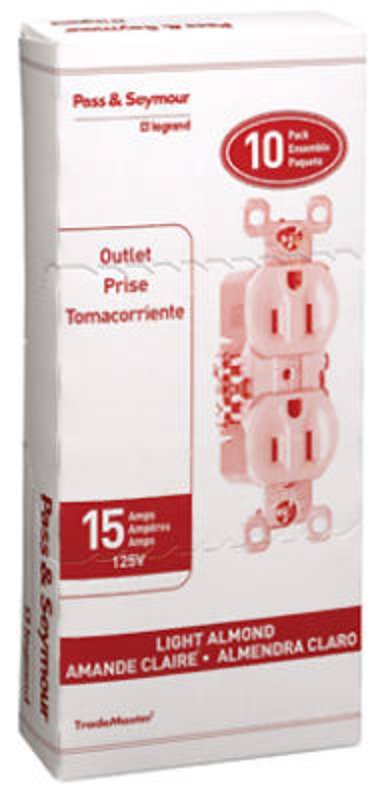 Pass & Seymour TradeMaster Series 3232LACP8 Duplex Receptacle, Thermoplastic, Light Almond, 2-Pole, 15 A, 3-Wire