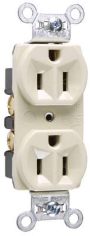 Pass & Seymour CRB5262ICC12 Duplex Receptacle, Brass/Nylon/PVC/Steel, Ivory, 2-Pole, 15 A, 125 V, Back, Side Wiring