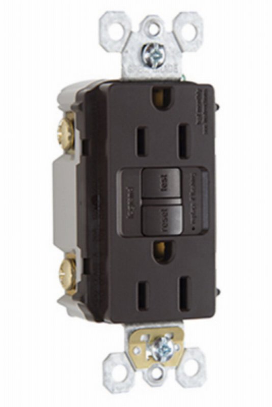 Pass & Seymour radiant Series 1597CCD12 GFCI Duplex Receptacle, Nylon, Brown, 2-Pole, 15 A, 125 VAC, Back, Side Wiring