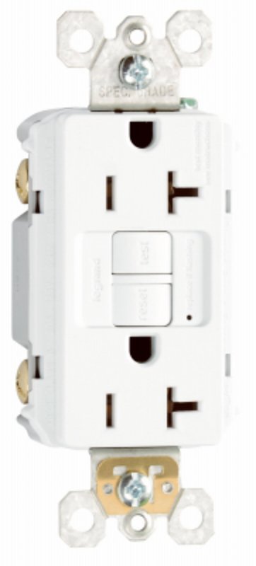 Pass & Seymour radiant Series 2097WCCD12 GFCI Duplex Receptacle, Nylon, White, 2-Pole, 20 A, 125 VAC, Back, Side Wiring