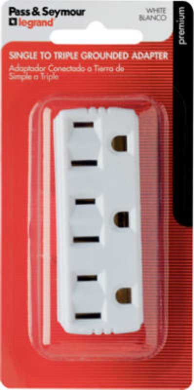 Legrand 697WBPCC5 Grounding Adapter, 2-Pole, 15 A, 125 V, 3-Outlet, NEMA: NEMA 5-15R, White