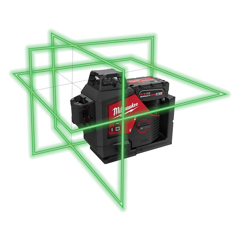 Milwaukee M12 Series 3632-21 3-Plane Laser Kit, 165 ft, +/- 1/8 in at 33 ft Accuracy, 3-Beam, Green Laser