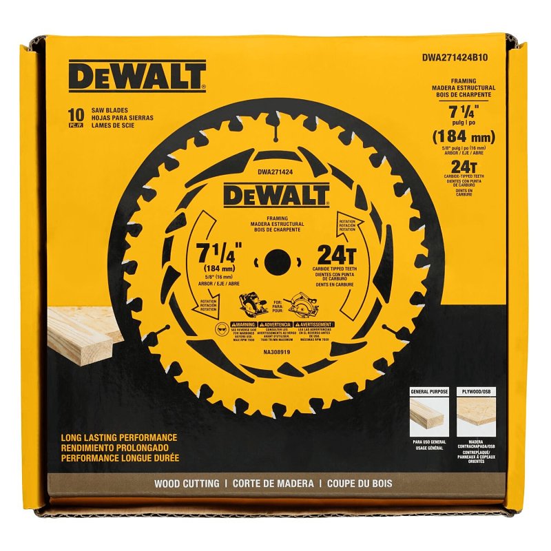 DEWALT DWA171424B10 Circular Saw Blade, 7-1/4 in Dia, 5/8 in Arbor, 24-Teeth, Tungsten Carbide Cutting Edge
