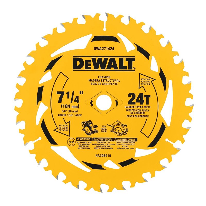 DEWALT DWA1714242 Circular Saw Blade, 7-1/4 in Dia, 5/8 in Arbor, 24-Teeth, Applicable Materials: Wood