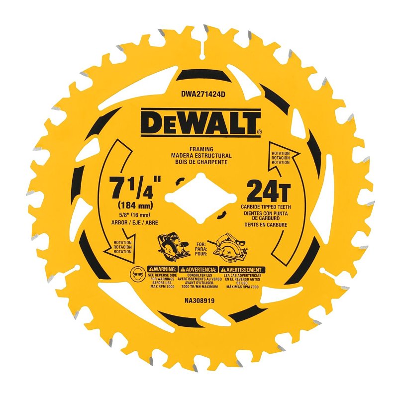 DEWALT DWA171424DB10 Circular Saw Blade, 7-1/4 in Dia, 5/8 in Arbor, 24-Teeth, Tungsten Carbide Cutting Edge, 10/PK