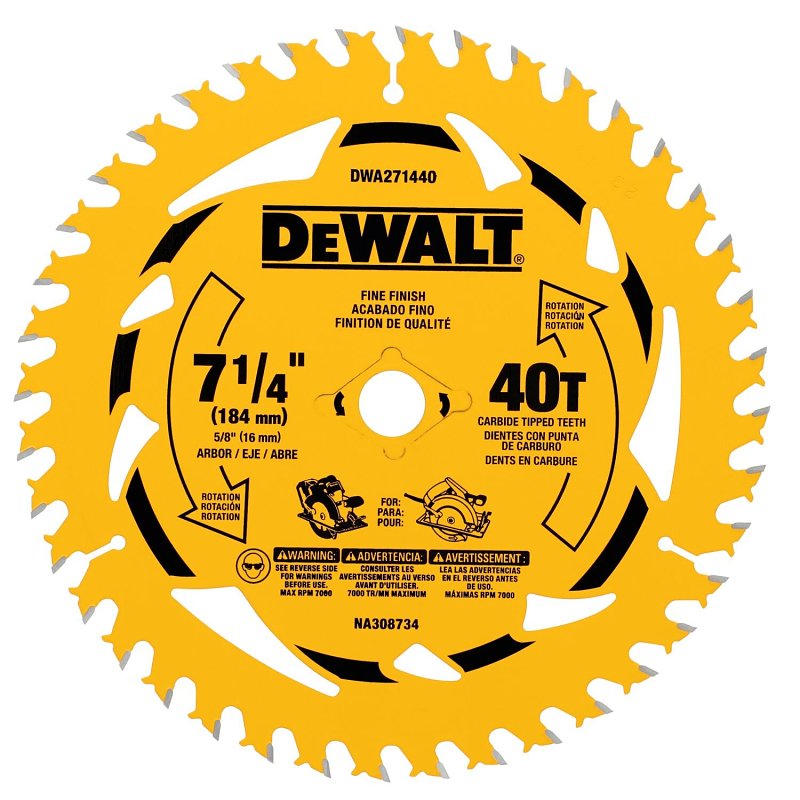 DEWALT DWA171440B10 Circular Saw Blade, 7-1/4 in Dia, 5/8 in Arbor, 40-Teeth, Tungsten Carbide Cutting Edge