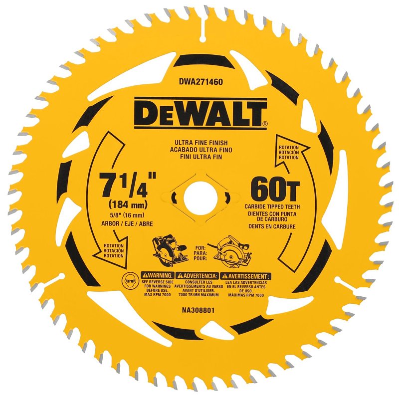 DEWALT DWA171460B10 Circular Saw Blade, 7-1/4 in Dia, 5/8 in Arbor, 60-Teeth, Applicable Materials: Wood