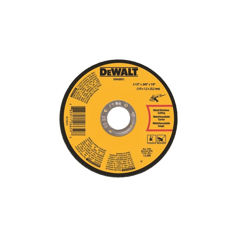 DEWALT DWA8051T10 Cut-Off Wheel, 4-1/2 in Dia, 0.045 in Thick, 7/8 in Arbor, Aluminum Oxide Abrasive