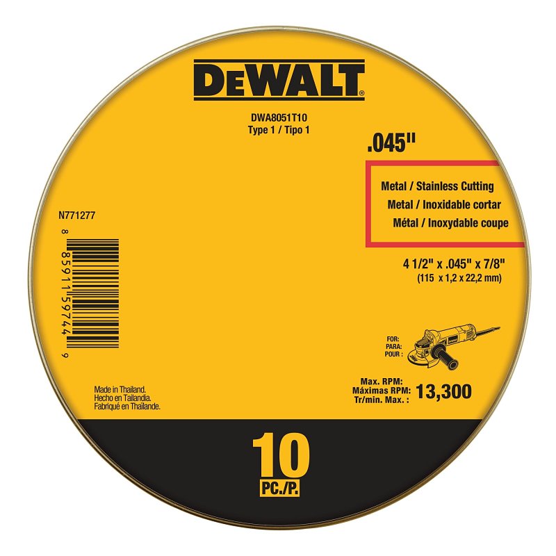 DEWALT DWA8051T10 Cut-Off Wheel, 4-1/2 in Dia, 0.045 in Thick, 7/8 in Arbor, Aluminum Oxide Abrasive