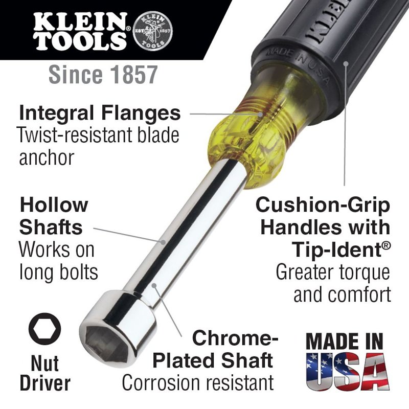 KLEIN TOOLS 630-11/32 Nut Driver, 11/32 in Drive, 6-3/4 in OAL, Cushion-Grip Handle, Chrome Handle, 3 in L Shank