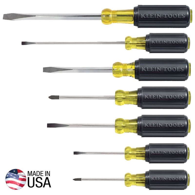 KLEIN TOOLS 85076 General Purpose Screwdriver Set, 7-Piece, Steel, Chrome, Black, Specifications: Round, Square Shank