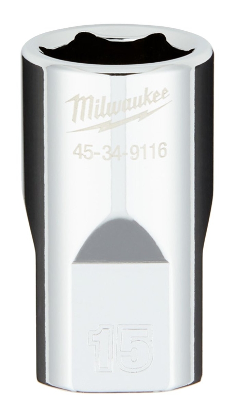 Milwaukee 45-34-9116 Socket, 15 mm Socket, Standard Socket, 1/2 in Drive, 6 -Point, Chrome Vanadium Steel, Chrome