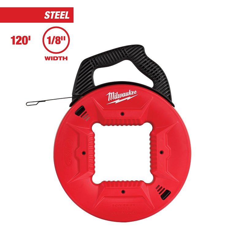 Milwaukee 48-22-4176 Fish Tape, 1/8 in W Tape, 120 ft L Tape, Steel Tape, Black/Red Case