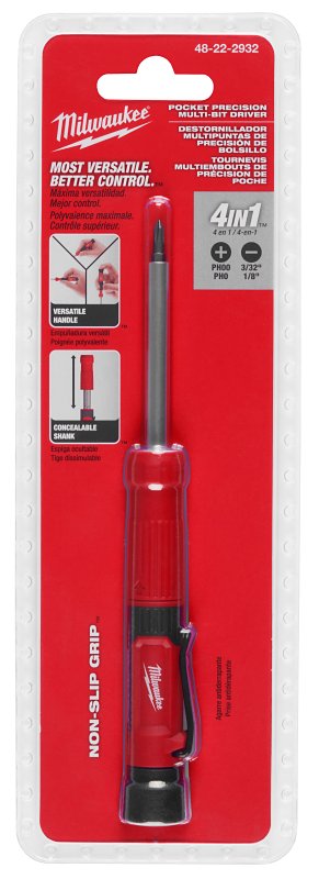 Milwaukee 48-22-2932 4-in-1 Pocket Screwdriver, 1/8 in to PH0 Drive, Phillips, Slotted Drive, 6-1/2 in OAL