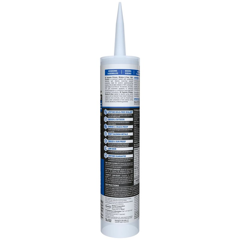 GE Supreme Silicone 2814816 Window & Door Sealant, Clear, 24 hr Curing, 10.1 fl-oz Cartridge