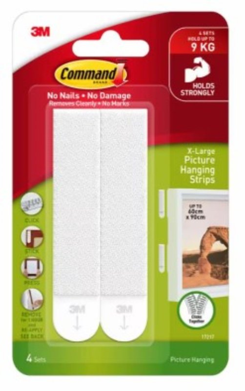 Command 17217-ES Picture Hanging Strip, Foam Backing, White, 20 lb, 4/PR