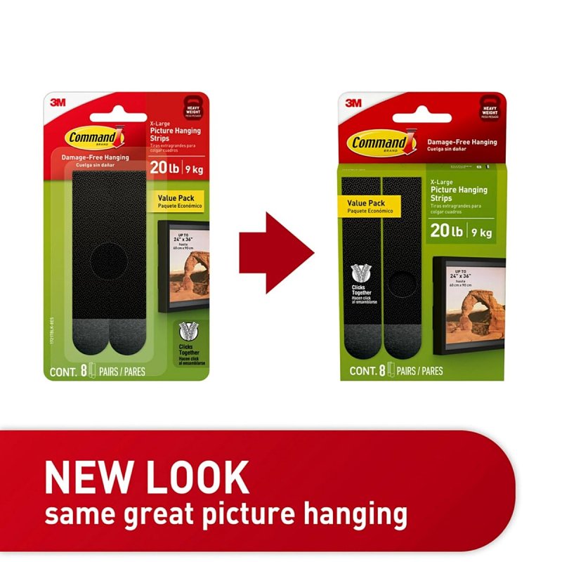 Command 17217BLK-8ES Picture Hanging Strip, Foam Backing, Black, 20 lb, 8/PR