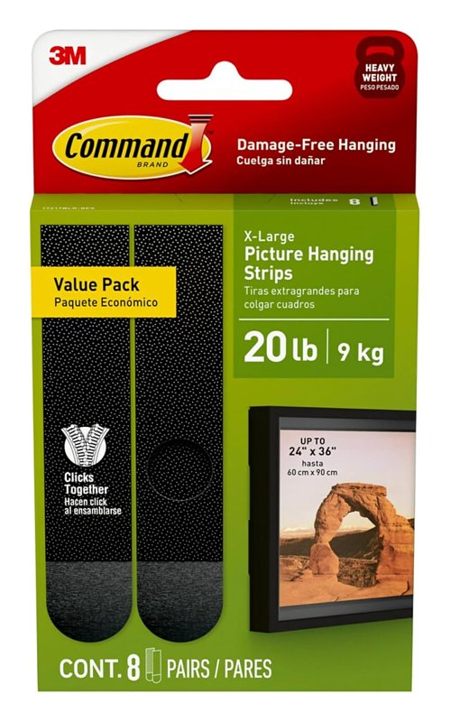 Command 17217BLK-8ES Picture Hanging Strip, Foam Backing, Black, 20 lb, 8/PR