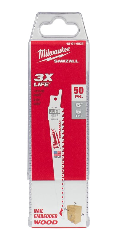 Milwaukee Sawzall Series 48-01-6035 Reciprocating Saw Blade, 3/4 in W, 6 in L, 5 TPI, Bi-Metal Cutting Edge