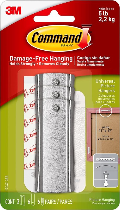 Command 17047-3ES Large Picture Hanger Hook, 5 lb, 3-Hook, White