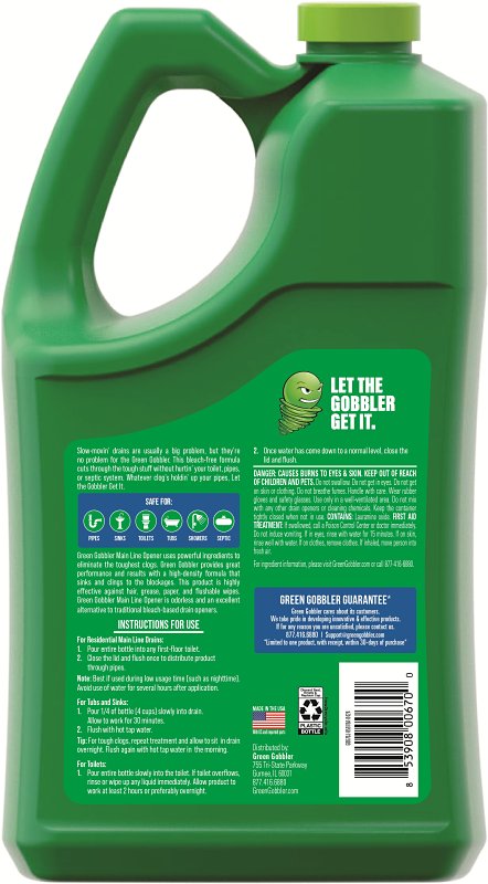 Green Gobbler G0670 Drain Cleaner, Liquid, Colorless, Odorless, 128 oz Bottle