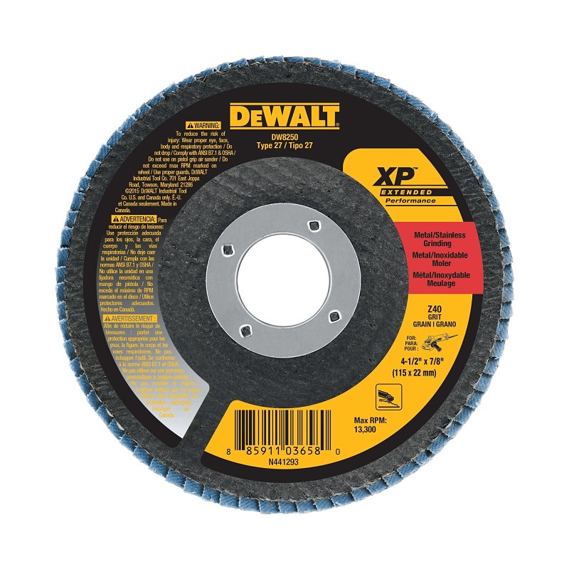 DEWALT XP Series DW8250 Ceramic Flap Disc, 4-1/2 in Dia, 7/8 in Arbor, Coated, 40 Grit, Coarse, Zirconia Abrasive