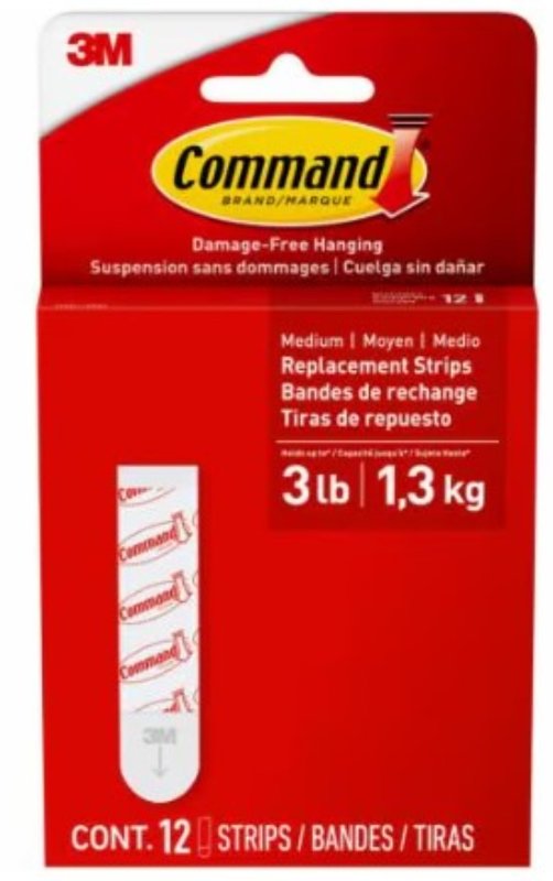 Command 17021-12ESF Medium Replacement Strip, 5/8 in W, 2-3/4 in L, Foam Backing, White, 1.3 kg