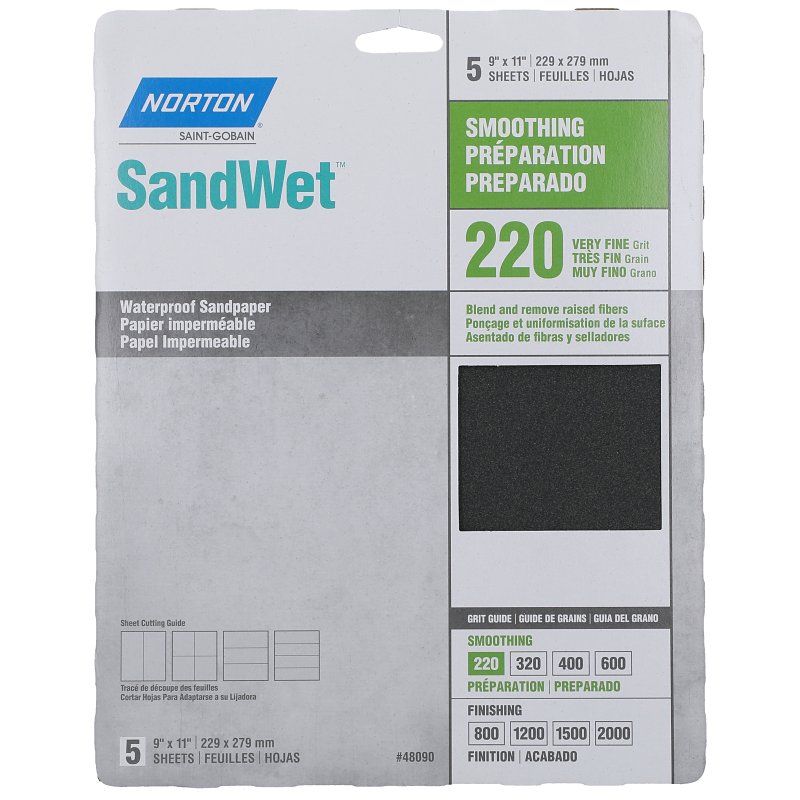 Norton 48090 Sanding Sheet, 9 in L, 11 in W, 220 Grit, Very Fine, Aluminum Oxide Abrasive