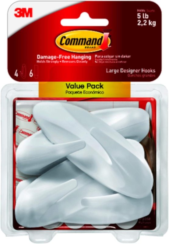 Command 17083-4ES Large Designer Hook, 5 lb, 4-Hook, Plastic, White