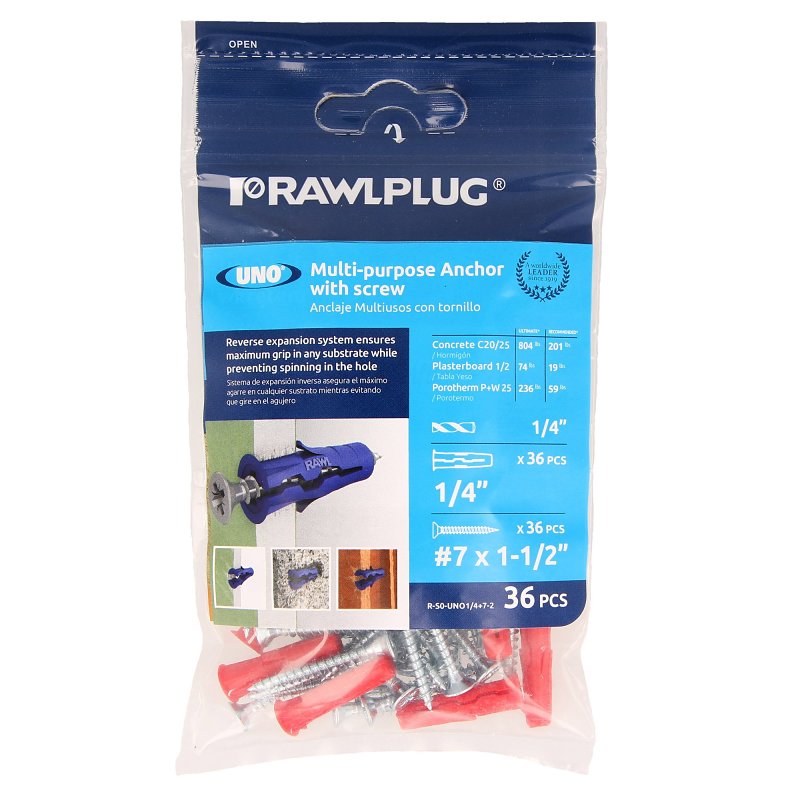 Rawlplug R-S0-UNO1/4+7-2 Drywall Anchor, 28 mm L, Nylon, 20 to 160 lb