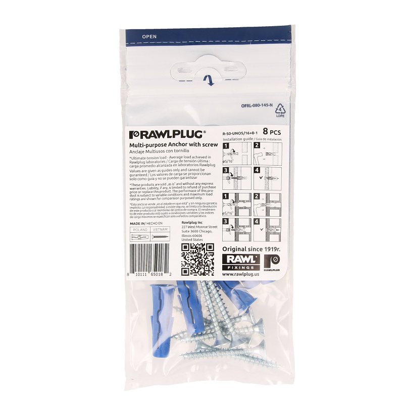 Rawlplug Rawl Uno Series R-S0-UNO5/16+8-1 Multi-Purpose Anchor, 16 mm Thread, 1-1/2 in L, Polypropylene