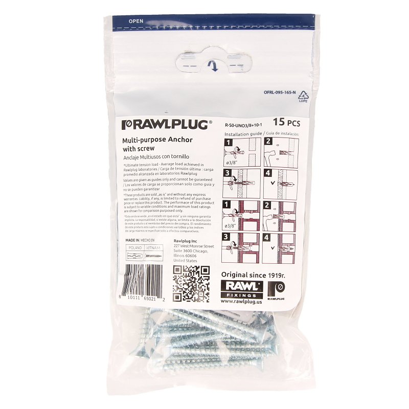 Rawlplug Rawl Uno Series R-S0-UNO3/8+10-1 Multi-Purpose Anchor, 16 mm Thread, 1 in L, Polypropylene