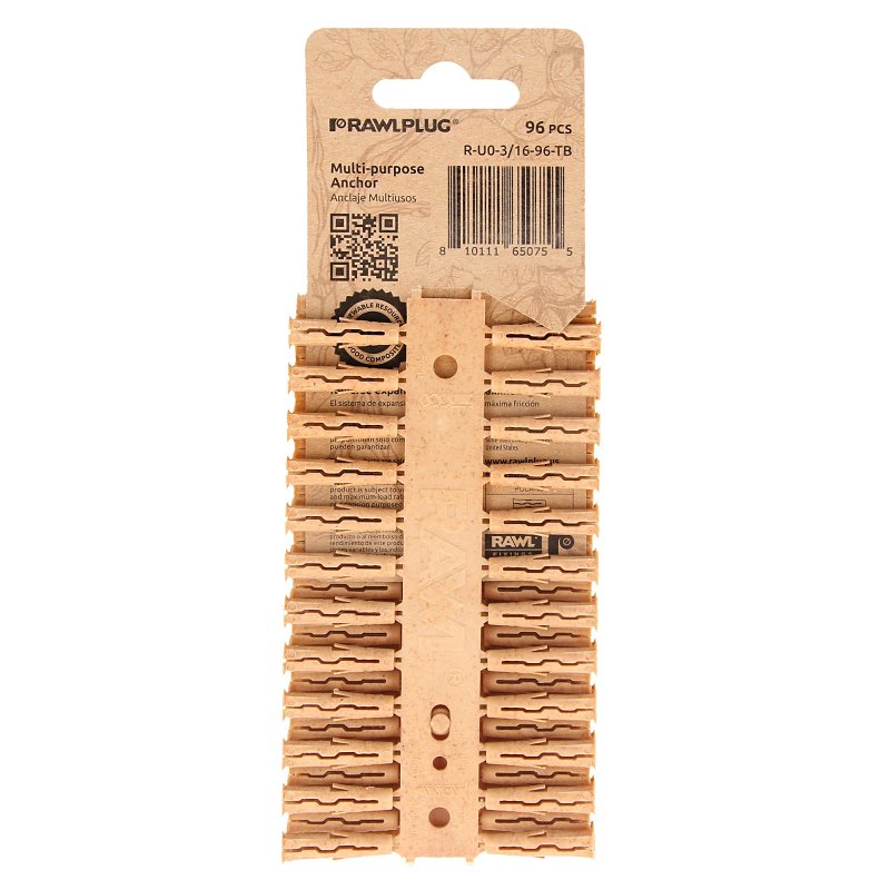 Rawlplug Rawl Uno Series R-U0-3/16-96-TB Multi-Purpose Anchor, 1 in L, Polypropylene/Timber
