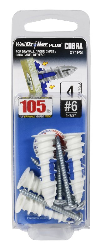 Cobra Anchors WallDriller PLUS 071PS Drywall Anchor, 1.62 in L, Acetyl/Nylon