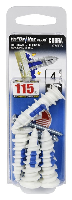Cobra Anchors WallDriller PLUS 072PS Drywall Anchor, 1.72 in L, Acetyl/Nylon
