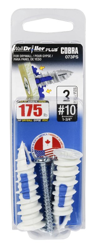 Cobra Anchors WallDriller PLUS 073PS Drywall Anchor, 2 in L, Acetyl/Nylon