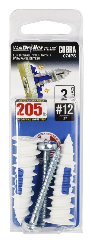 Cobra Anchors WallDriller PLUS 074PS Drywall Anchor, 2.11 in L, Acetyl/Nylon