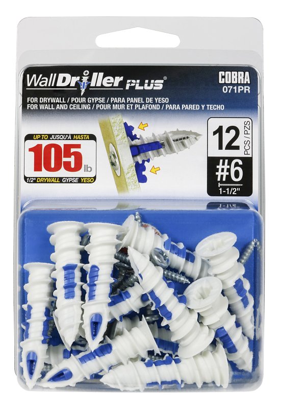 Cobra Anchors WallDriller PLUS 071PR Drywall Anchor, 1.62 in L, Acetyl/Nylon