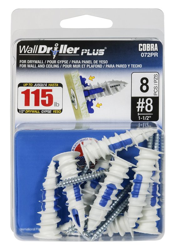 Cobra Anchors WallDriller PLUS 072PR Drywall Anchor, 1.72 in L, Acetyl/Nylon