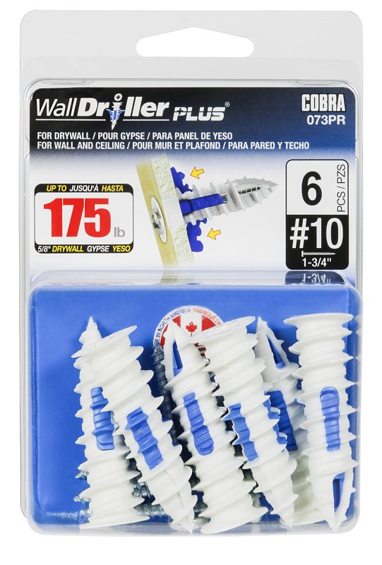 Cobra Anchors WallDriller PLUS 073PR Drywall Anchor, 2 in L, Acetyl/Nylon