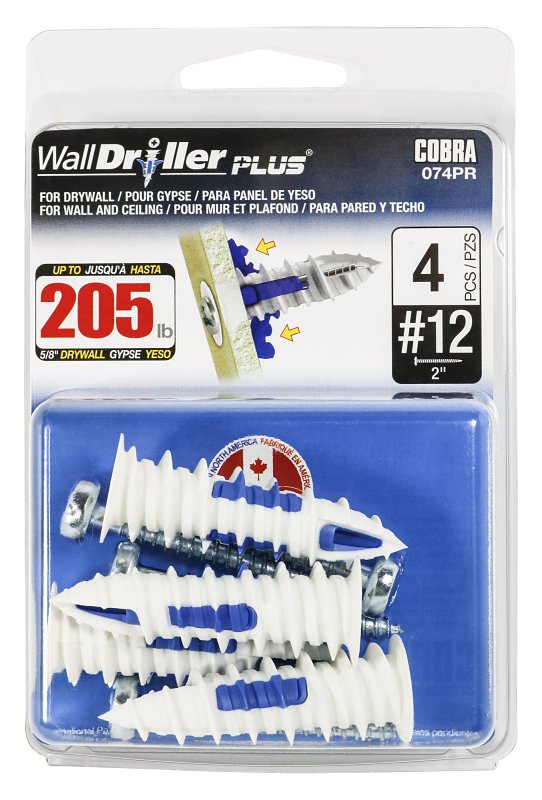 Cobra Anchors WallDriller PLUS 074PR Drywall Anchor, 2.11 in L, Acetyl/Nylon