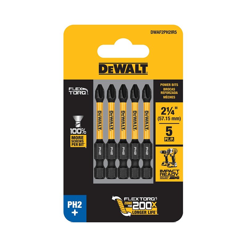 DEWALT FLEXTORQ DWAF2PH2IR5 Impact Screwdriver Bit, #2 Drive, Phillips Drive, 1/4 in Shank, Hex Shank, 2-1/4 in L, Steel