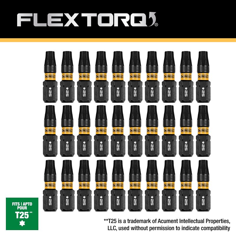 DEWALT FLEXTORQ DWAF1TX25IR30 Impact Screwdriver Bit, T25 Drive, Torx Drive, 1/4 in Shank, Hex Shank, 1 in L, Steel