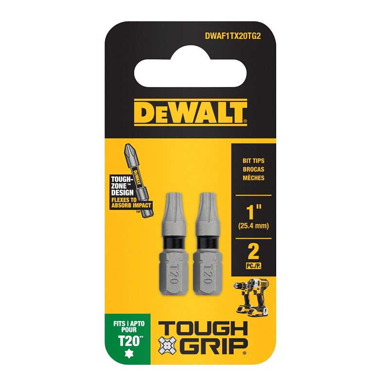 DEWALT TOUGHGRIP DWAF1TX20TG2 Screwdriver Bit, T20 Drive, Torx Drive, 1/4 in Shank, Hex Shank, 1 in L, Steel