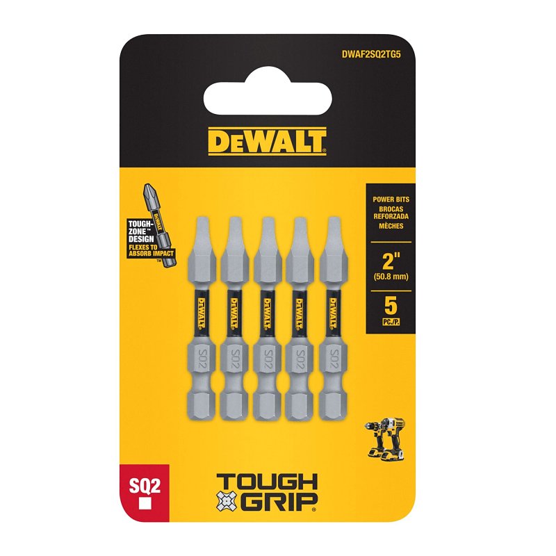 DEWALT TOUGHGRIP DWAF2SQ2TG5 Screwdriver Bit, #2 Drive, Square Drive, 1/4 in Shank, Hex Shank, 2 in L, Steel
