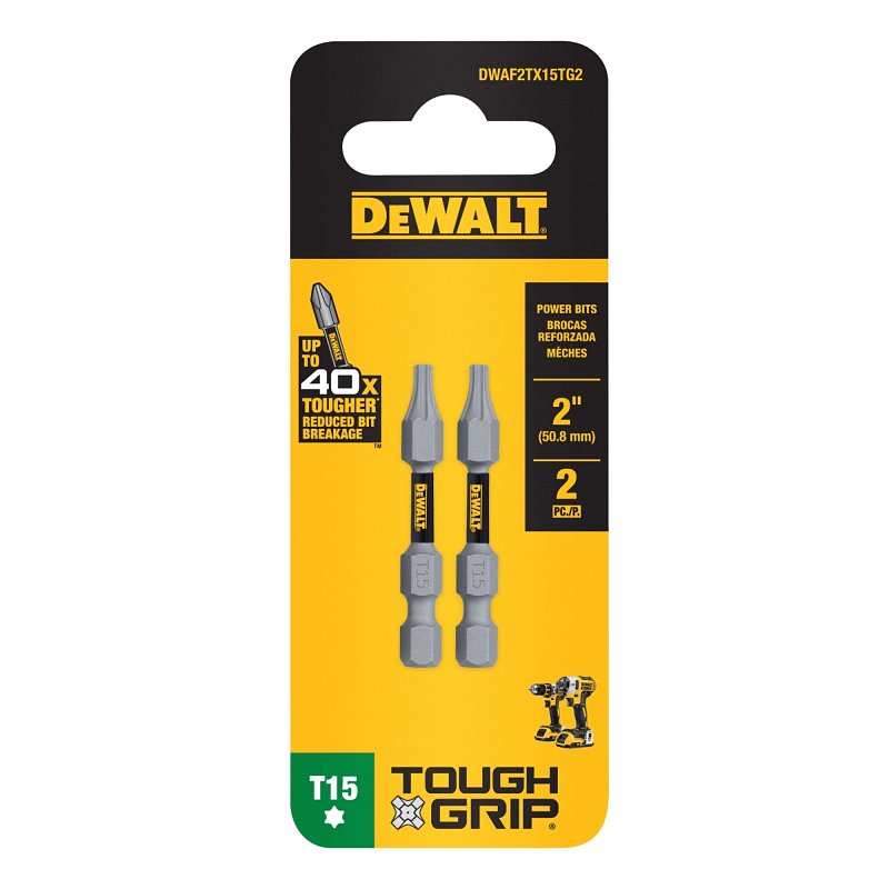 DEWALT TOUGHGRIP DWAF2TX15TG2 Screwdriver Bit, T15 Drive, Torx Drive, 1/4 in Shank, Hex Shank, 2 in L, Steel