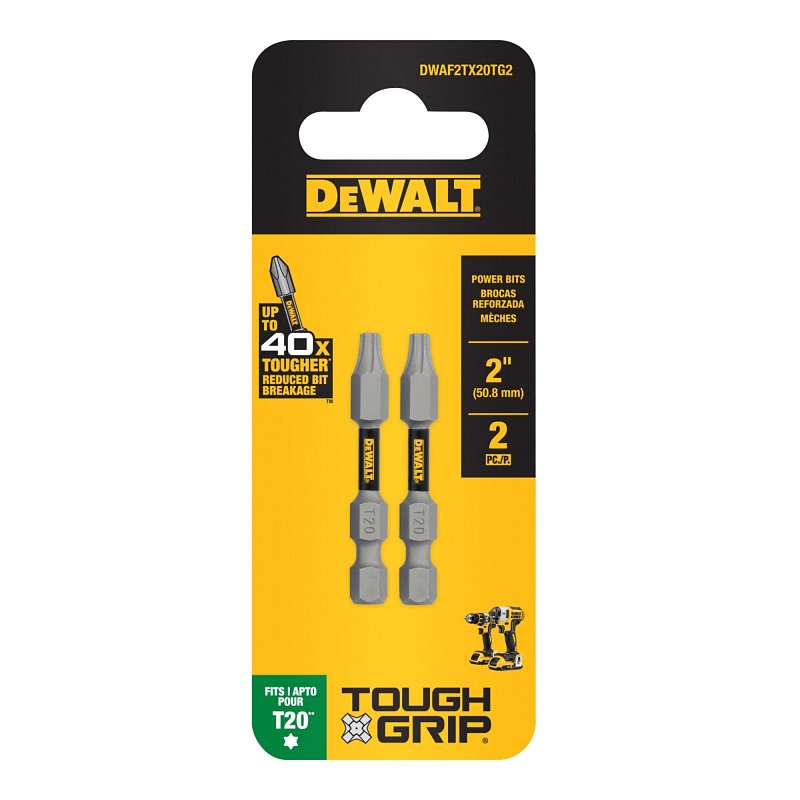 DEWALT TOUGHGRIP DWAF2TX20TG2 Screwdriver Bit, T20 Drive, Torx Drive, 1/4 in Shank, Hex Shank, 2 in L, Steel