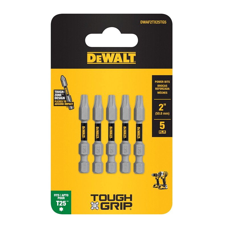 DEWALT TOUGHGRIP DWAF2TX25TG5 Screwdriver Bit, T25 Drive, Torx Drive, 1/4 in Shank, Hex Shank, 2 in L, Steel