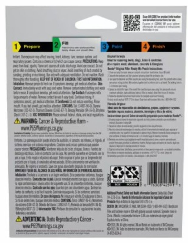 Bondo OR-2PK-ES Original Filler Ready Mix, 2 oz Pouch, Liquid Filler, Paste Hardener
