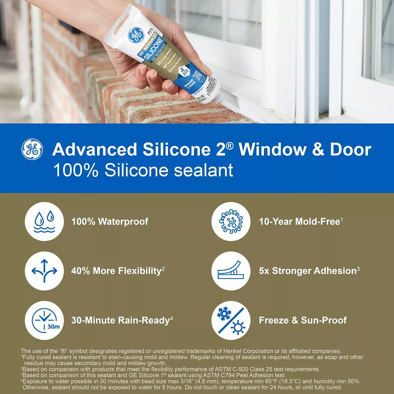GE Advanced Silicone 2 2810435 Window & Door Sealant, Clear, 24 hr Curing, 2.8 fl-oz Squeeze Tube